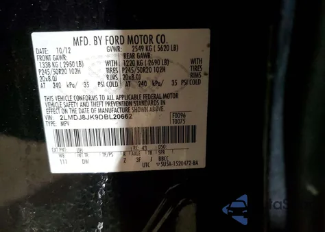 2013 Lincoln Mkx z USA, uszkodzony, nr VIN 2LMDJ8JK9DBL20662